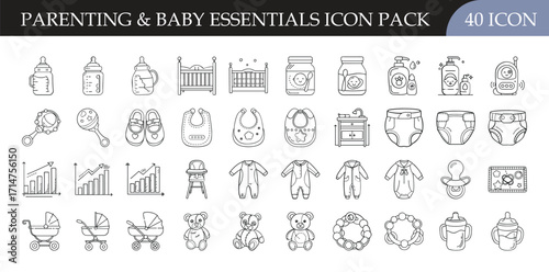 Parenting and baby essentials icon pack collection - Set of 40 outline icons showing baby care items, parenting essentials, toys, feeding, and growth symbols, perfect for family and childcare projects
