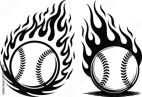 Flaming Baseball Vector Set, Sports Fireball Illustration.