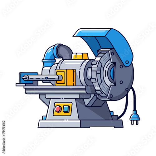 A detailed illustration of an industrial bench grinder with a protective guard.