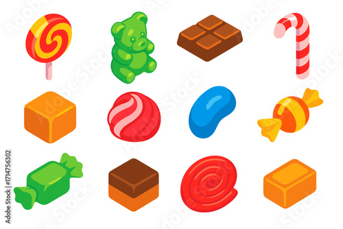 Colorful Candy Collection. Isometric vector illustration set of candy collection: lollipop, gummy bear, chocolate bar, candy cane,