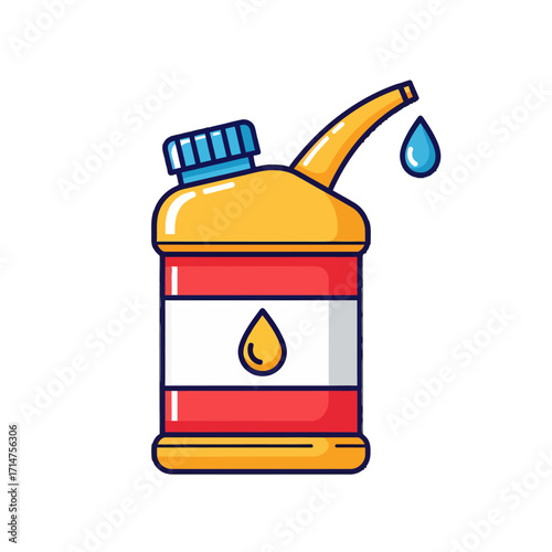 Illustration of a red and yellow gas can with a blue cap and a drop of liquid.