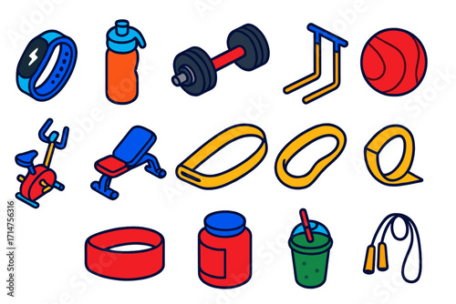 Modern Fitness Icons. Isometric vector illustration set of modern fitness and health: fitness tracker, sports water bottle,