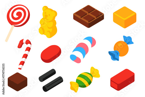Vibrant Candy Collection. Isometric vector illustration set of candy collection: lollipop, gummy bear, chocolate bar, caramel