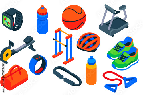 Modern Fitness Equipment. Isometric vector illustration set of modern fitness and health: GPS sports watch, hydration flask,