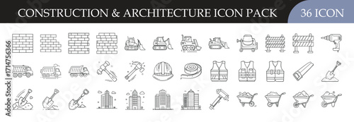 Construction and architecture icon pack for building projects - Set of 36 outline icons featuring construction tools, safety equipment, building materials, and architectural elements