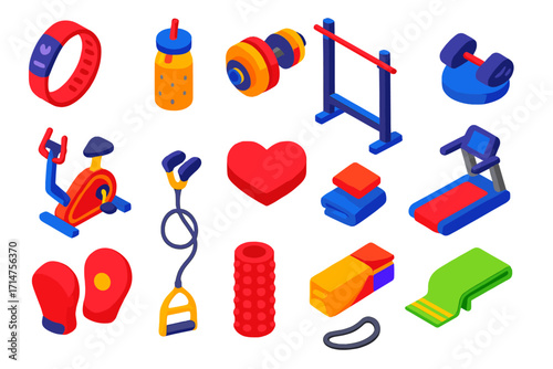 Modern Fitness Icons. Isometric vector illustration set of modern fitness and health: wearable fitness tracker, smoothie bottle,