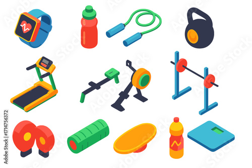 Modern Fitness Icons. Isometric vector illustration set of modern fitness and health: fitness smartwatch, reusable drink bottle,