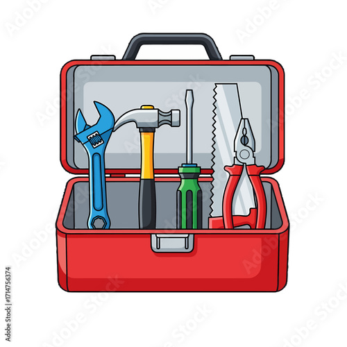 Red toolbox with various tools including hammer, saw, pliers, and wrenches.