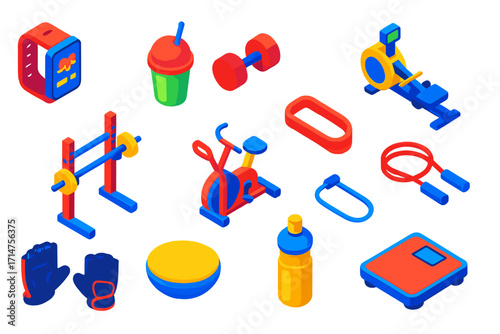 Fitness Icon Set. Isometric vector illustration set of modern fitness and health: smart sports watch, smoothie cup, dumbbell,