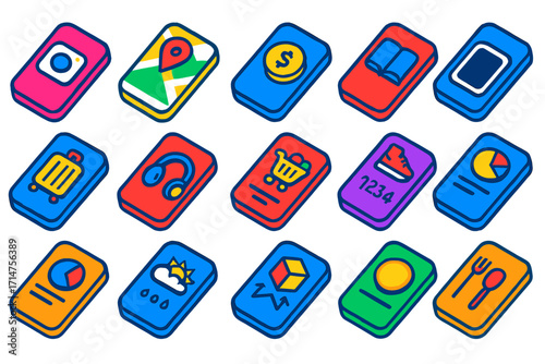 Vibrant App Icon Set. Isometric vector illustration set of mobile applications: photo editing app, navigation map app, online