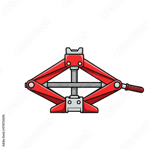 A red mechanical scissor jack, a portable car lifting tool for vehicle repair and maintenance, isolated on a white background.