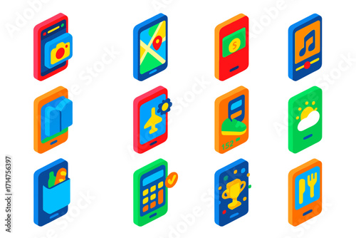 Vibrant App Icon Set. Isometric vector illustration set of mobile applications: photo editing app, navigation map app, online