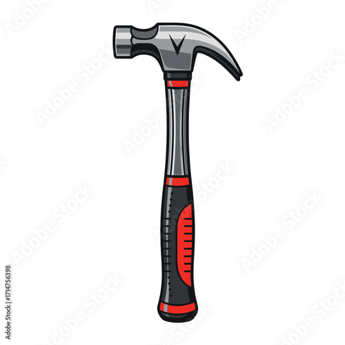 A detailed illustration of a modern claw hammer with a silver head and a black and red ergonomic handle, isolated on white.