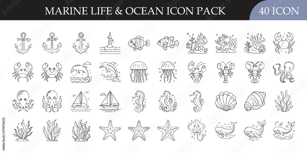 Fototapeta premium Marine Life & Ocean Outline Icon Pack - Collection of 40 outline icons featuring marine life and ocean themes, including anchors, corals, crabs, fish, jellyfish, sea turtles, shells, seaweed, seahorse