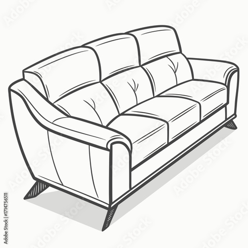 Clean line art drawing of a modern three seater sofa with cushions and angled legs