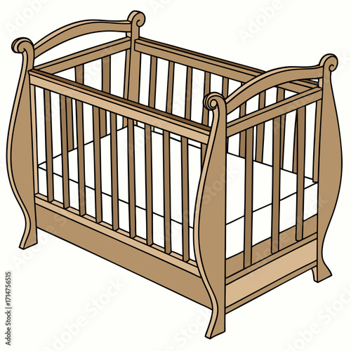 Classic wooden baby crib with mattress and ornate curved headboards and footboards