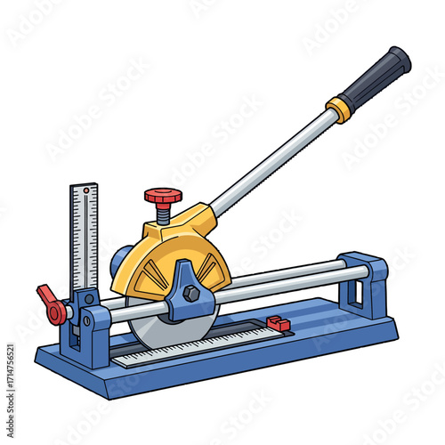 A detailed cartoon illustration of a manual tile cutter, a hand tool for construction and home improvement projects.