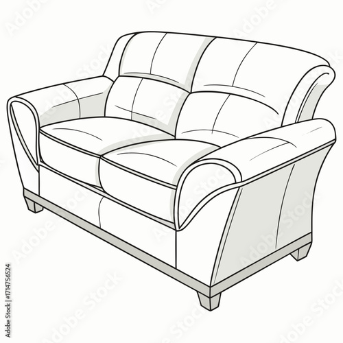 Clean line art illustration of a modern two seater white leather sofa with tufted cushions