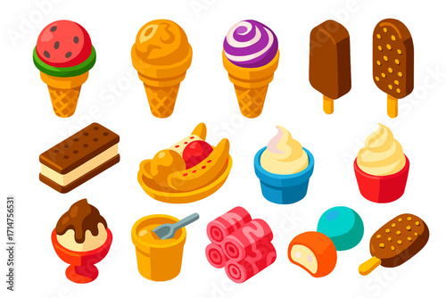Vibrant Ice Cream Icons. Isometric vector illustration set of ice cream: waffle cone with watermelon scoop, waffle cone with