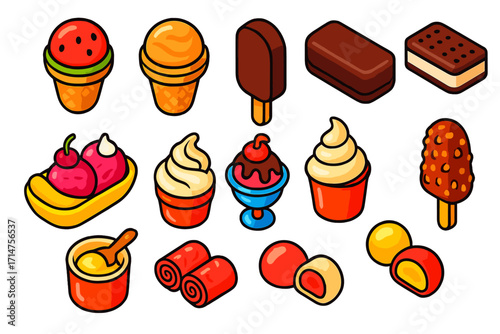Vibrant Ice Cream Icons. Isometric vector illustration set of ice cream: waffle cone with watermelon scoop, waffle cone with