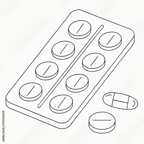 Clean line art illustration of a blister pack of round pills and loose tablets