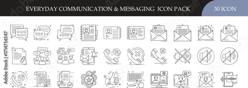Everyday Communication & Messaging Outline Icon Pack - Set of 30 outline icons representing communication and messaging, including chat bubbles, emails, phone calls, notifications, blocked messages