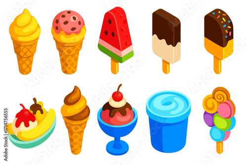 Vibrant Ice Cream Delights. Isometric vector illustration set of ice cream: waffle cone with honey swirl scoop, waffle cone with
