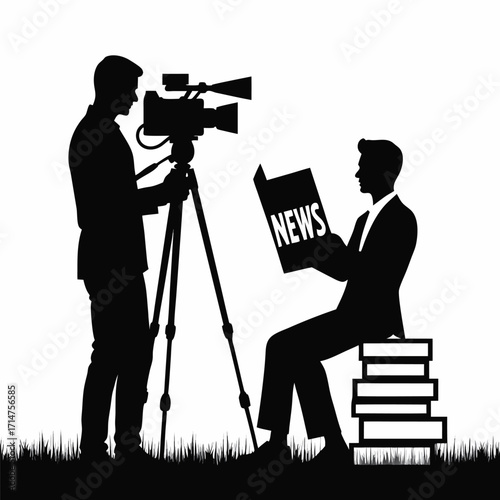 Cameraman filming man reading news paper on books silhouette