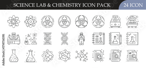 Science Lab & Chemistry Outline Icon Pack - Set of 24 outline icons focused on science labs and chemistry, including atoms, biohazard symbols, flasks, lab equipment, safety suits, molecules