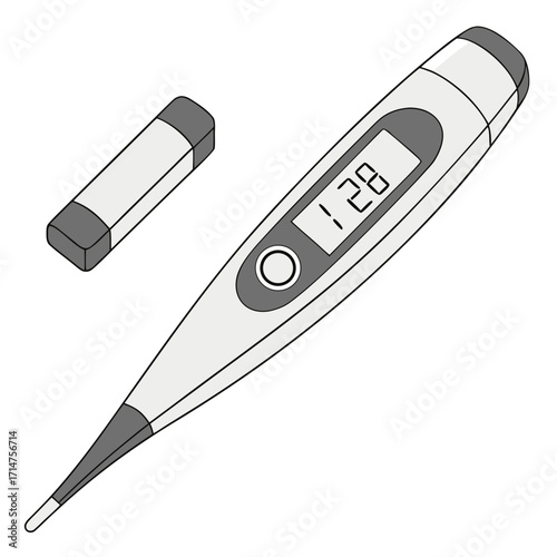 Digital thermometer and its protective cap displayed on a white background for medical or health related concepts