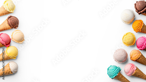 Ice cream cones in colorful arrangement on Transparent Background