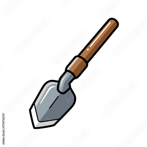 A simple cartoon drawing of a small gardening hand trowel with a brown wooden handle and a grey metal blade, used for digging and planting.