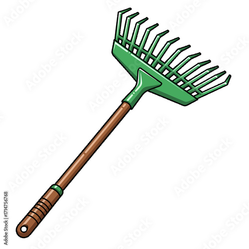 A detailed illustration of a green and brown garden rake, used for yard work.