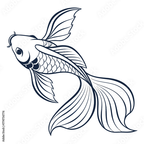 Elegant black outline of a koi fish swimming gracefully with flowing fins and tail against a white background