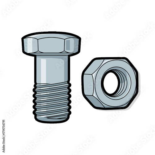 A detailed vector illustration of a metal hex bolt and a matching hex nut on a white background.