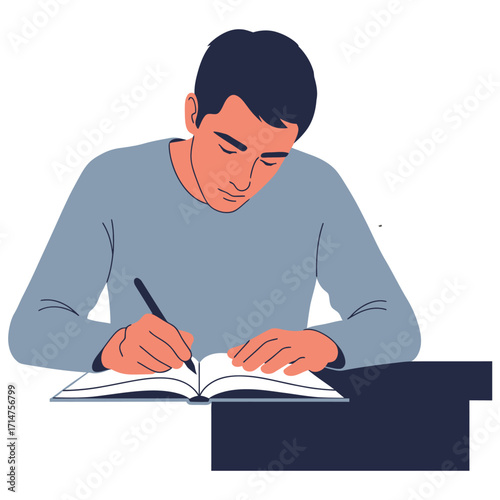 Young man with dark hair in blue shirt writing in open book at dark desk vector