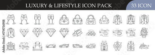 Luxury and Lifestyle Outline Icon Pack - Collection of 33 line icons showcasing fashion, jewelry, champagne, cars, and high-end accessories, perfect for luxury branding and lifestyle projects.

