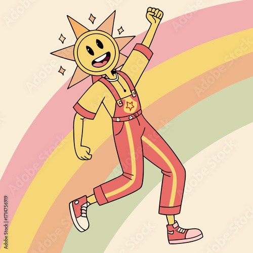 Joyful cartoon sun character wearing overalls and sneakers celebrating with a raised fist against a pastel rainbow background