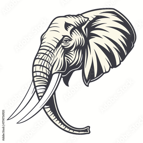 Majestic elephant head profile with large tusks and detailed textured skin in a graphic style