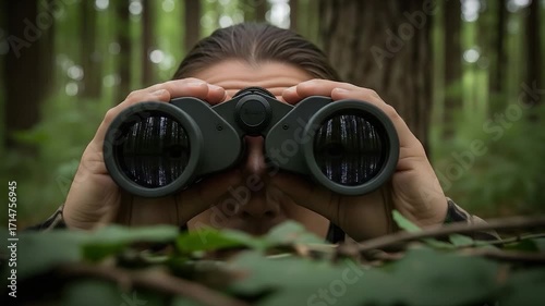 Person Looking Through Binoculars in a Forest.