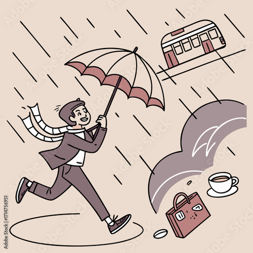 Man with umbrella running in the rain towards a tram with his briefcase and coffee nearby