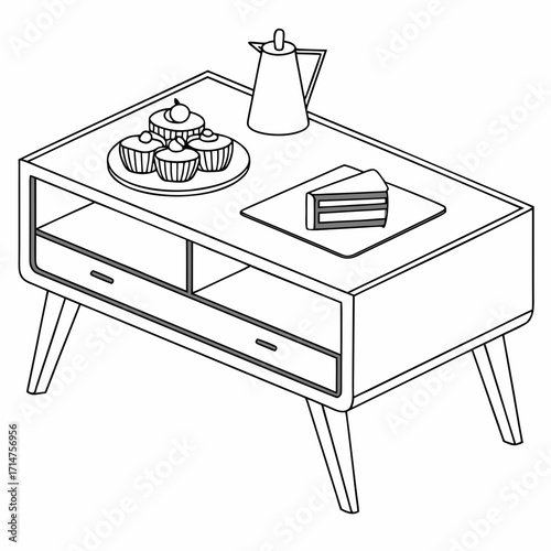 Minimalist line art drawing of a mid century modern coffee table with cupcakes and coffee pot