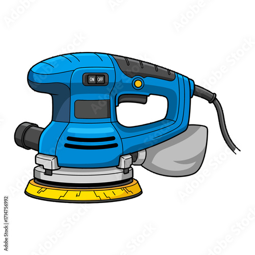 A blue electric random orbital sander with a yellow sanding pad.