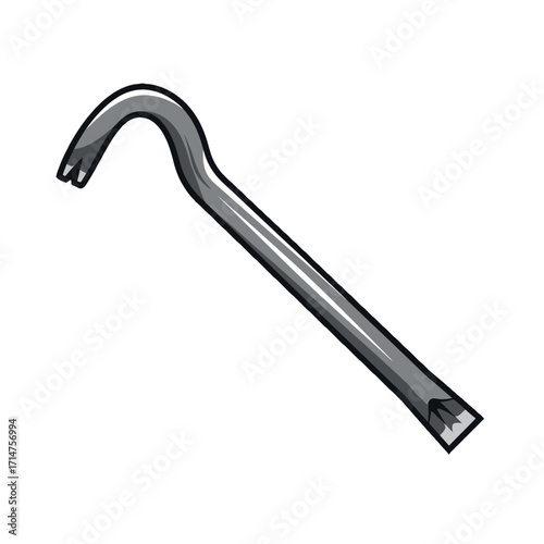 Illustration of a gray crowbar with a curved end and a flat end.