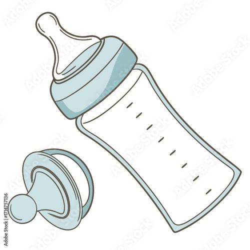 Simple line drawing of a baby bottle with nipple and cap isolated on white background