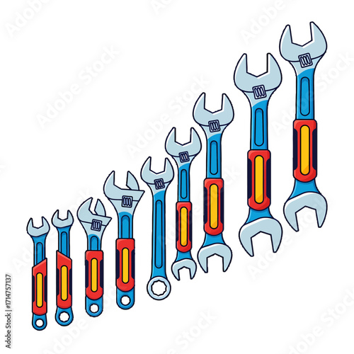 A set of various cartoon-style wrenches and spanners, including adjustable and combination types, arranged in ascending order of size.