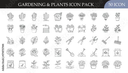 Gardening and Plants Outline Icon Pack - Set of 50 line icons featuring potted plants, flowers, leaves, seeds, and garden tools, ideal for eco, farming, and landscaping projects.
