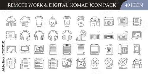 Remote Work and Digital Nomad Outline Icon Pack - Collection of 40 line icons featuring laptops, headphones, coffee, cloud storage, and office tools, perfect for remote work and freelance projects.
