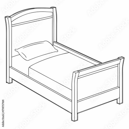 Simple line drawing of a sleigh bed with a pillow and mattress on a white background