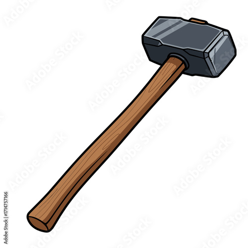A detailed cartoon illustration of a heavy-duty sledgehammer with a wooden handle and a dark metal head.